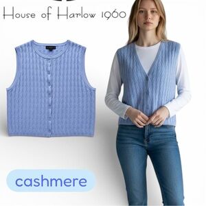 House of Harlow 1960 Vest Women Cashmere Blue Size L Sleeveless Cable Knit NWT